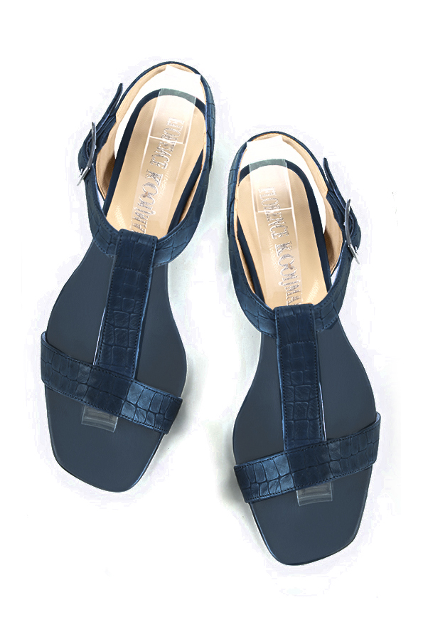 Women's denim blue elegant fully open instep strap sandals. Square toe. Low kitten heels - Top view